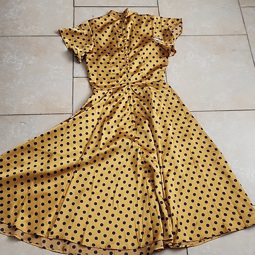 Unique Vintage Mustard Polka Dot Midi Dress Size 4. New No Tags - Picture 10 of 11